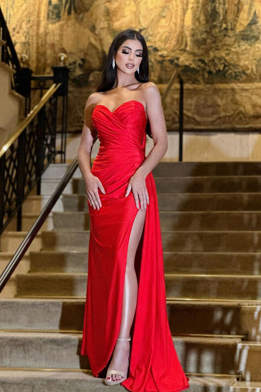 Sheath/Column Sweetheart Satin Pleat Red Long Formal Evening Dress with Slit QP2490