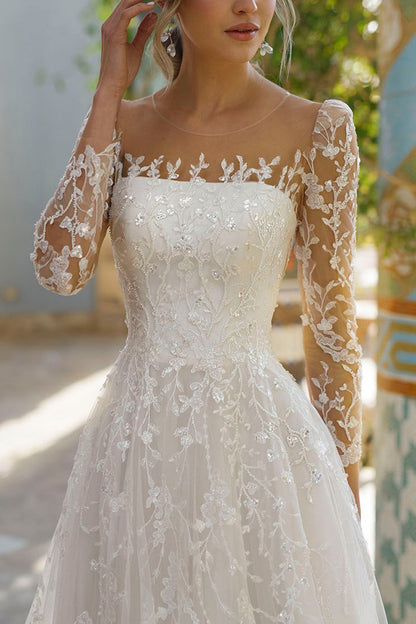 A line Illusion Neckline Long Sleeves Lace Wedding Dres with Sweep Train QW2283