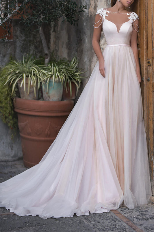 A Line Illusion Neckline Cap Sleeves Apliques Boho Wedding Dress QW2288
