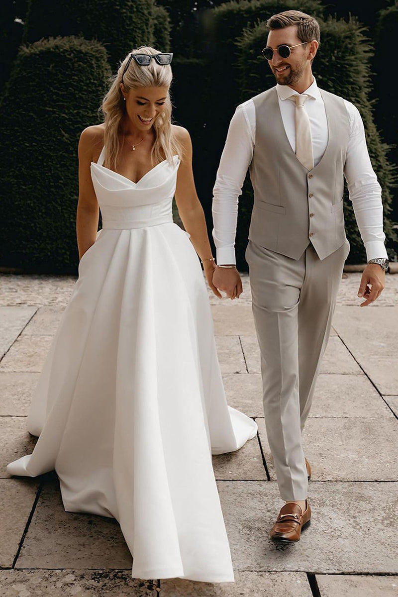 A Line V neck Satin Pleats Simple Rustic Wedding Dress Beach Bridal Gown QW2265