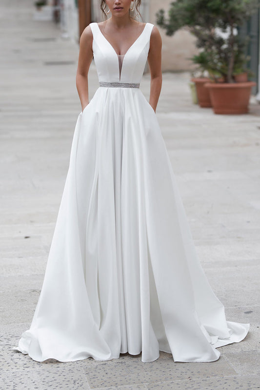 A Line Deep V neck Satin Wedding Dress with Pockets Court Train Simple Bridal Gown QW2270
