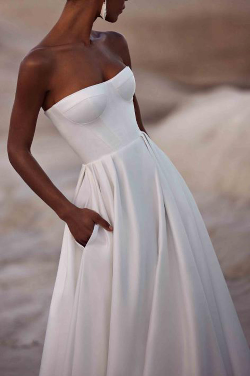A Line Strapless White Satin Wedding Dress with Court Train QW2392