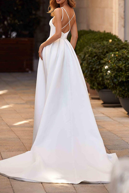 A Line Spaghetti Straps Satin Wedding Dress with Slit Boho Wedding Gown QW2653