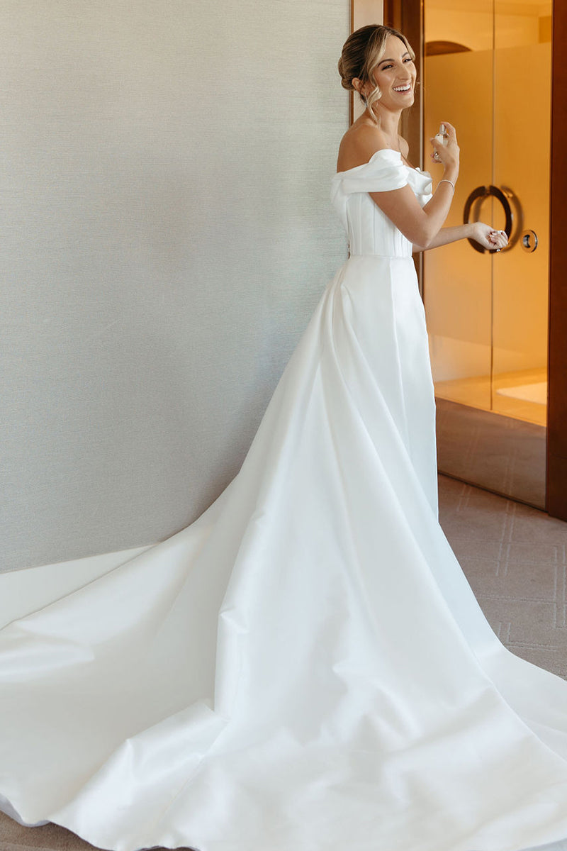 Unique Off the Shoulder Side Slit Satin Wedding Dress with Court Train QW2561