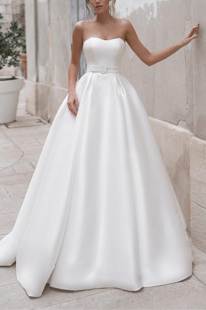 Ball Gown Satin Wedding Dress with Detachable Shawl Rustic Bridal Gown QW2274