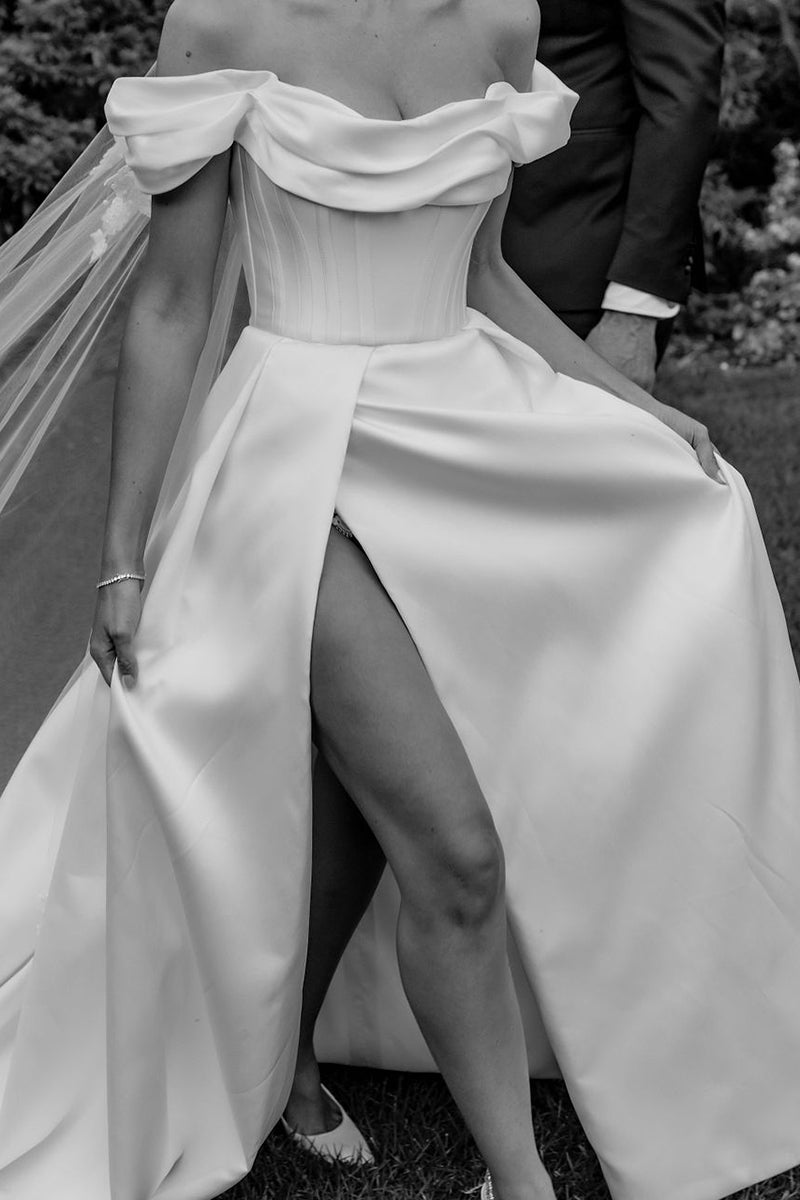 Unique Off the Shoulder Side Slit Satin Wedding Dress with Court Train QW2561