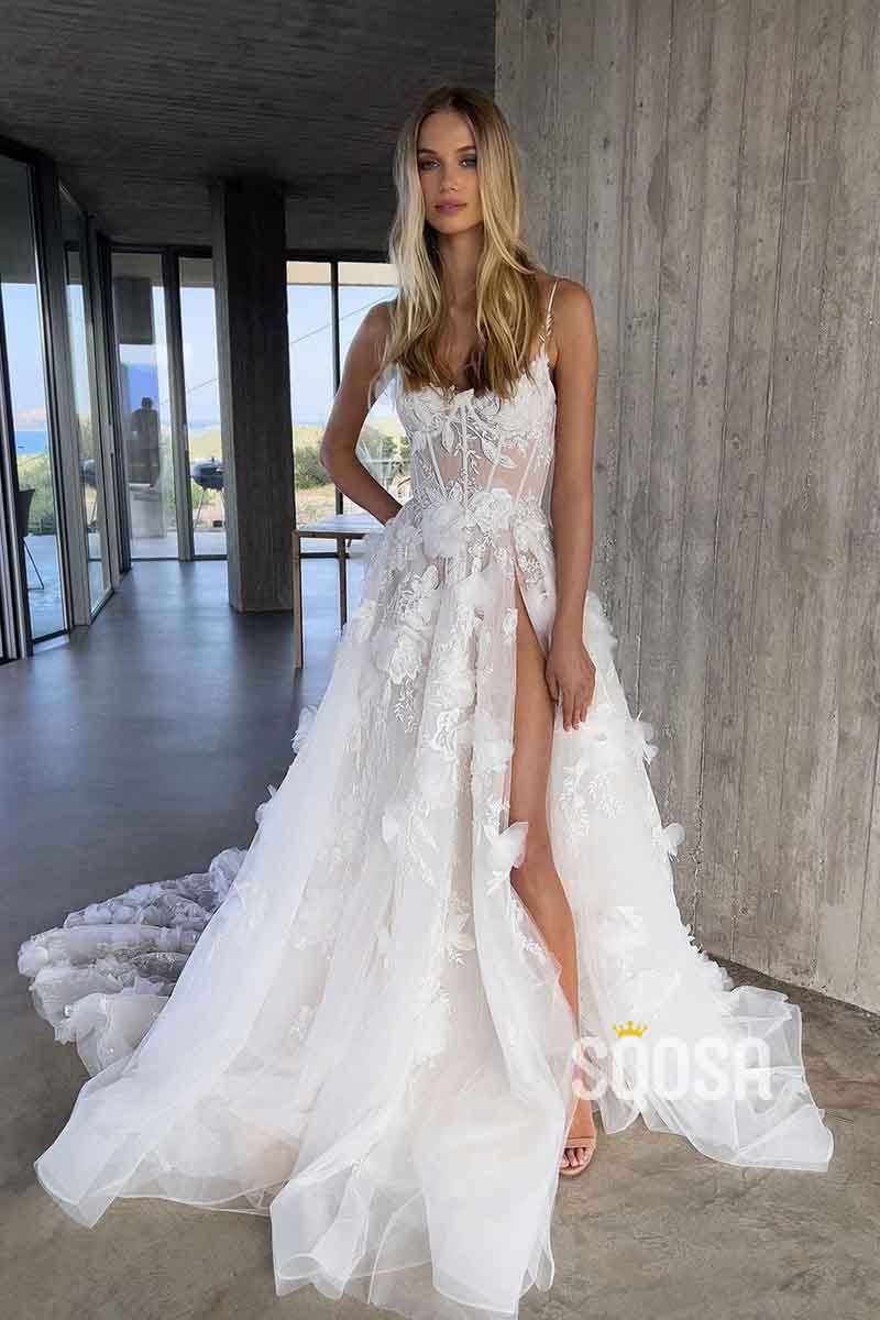 A Line Scoop 3D Flowers Romantic Wedding Dress with Slit QW2515
