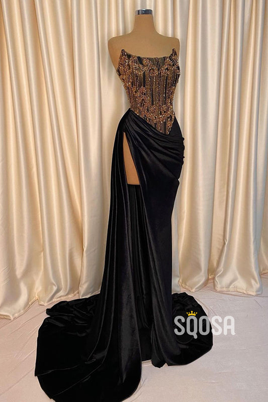 Chic Strapless Beads Black Long Formal Evening Gowns with Slit QP1176