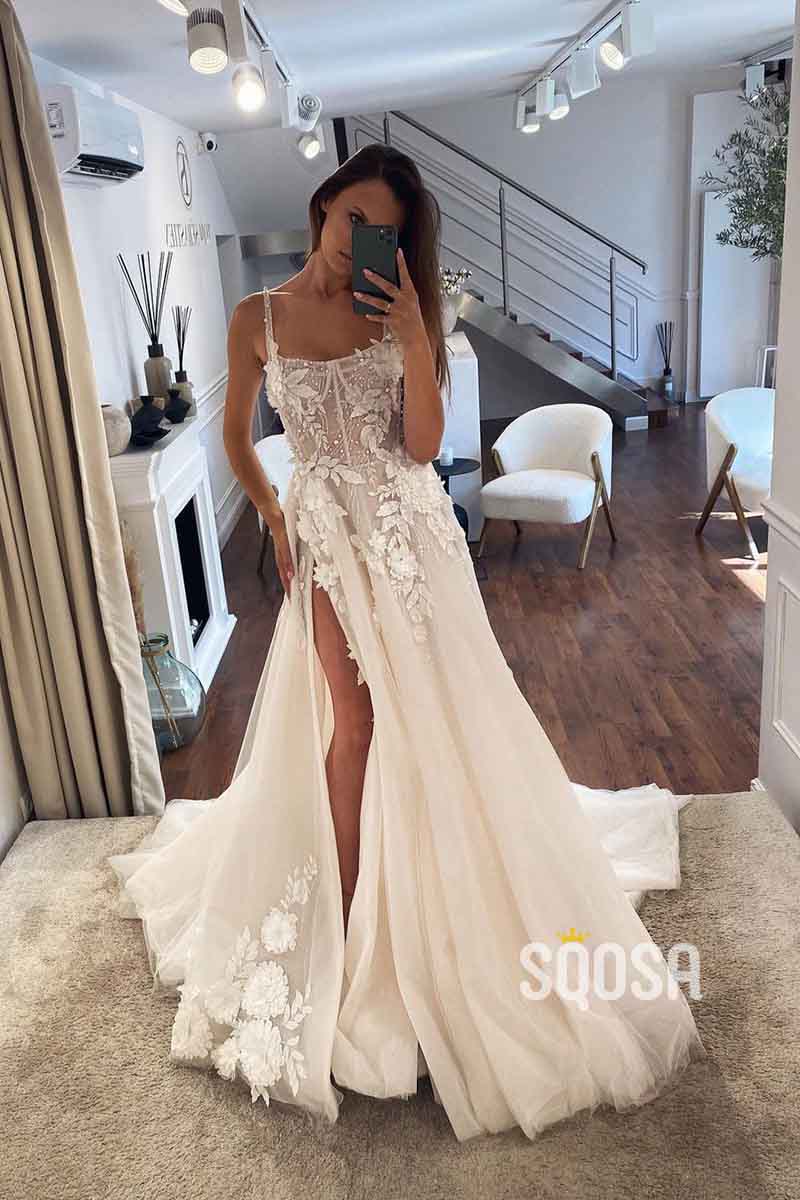 A Line Scoop 3D Flower Elegant Wedding Dress with Slit QW2517