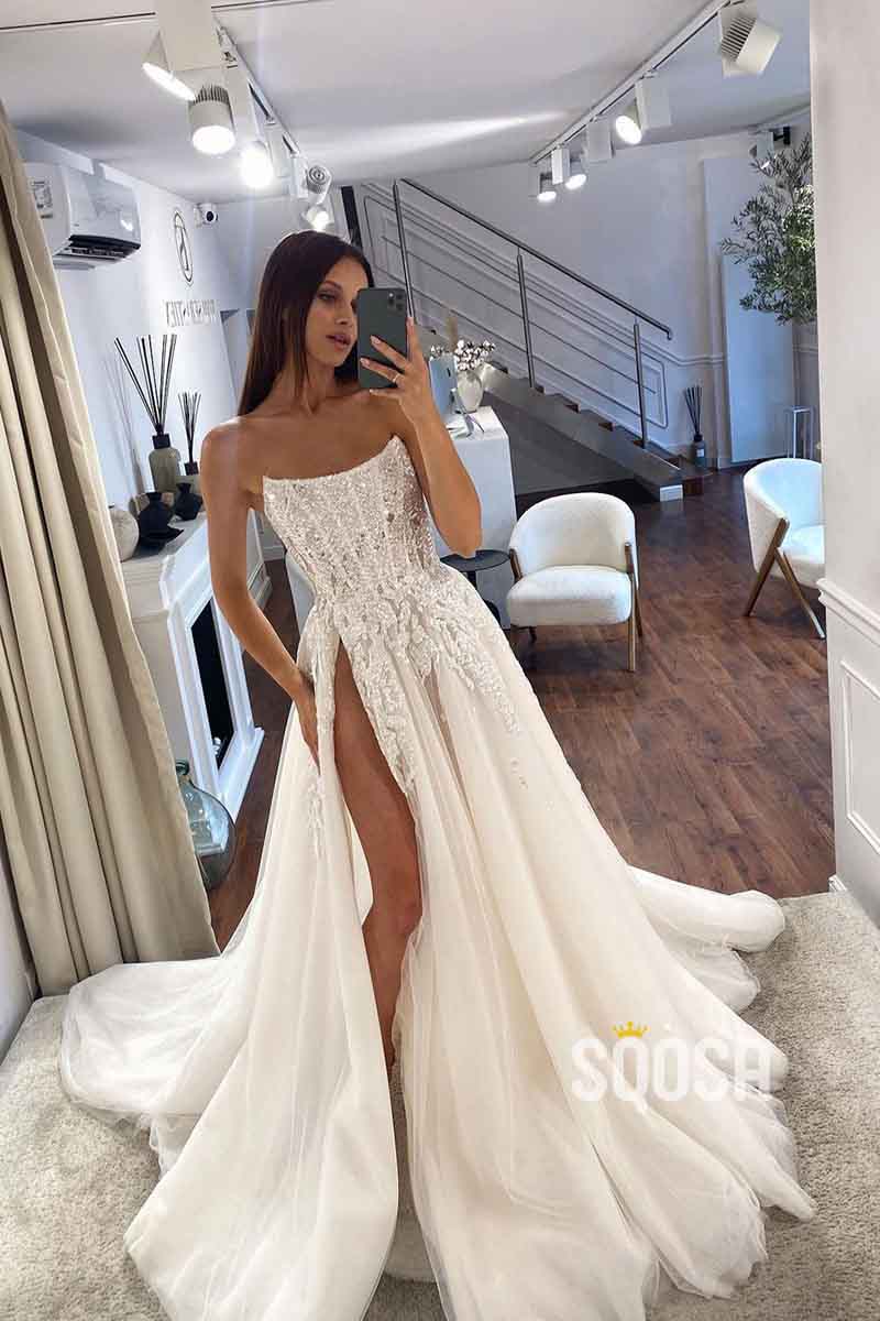 A Line Strapless Appliques Elegant Wedding Dress with Slit QW2518