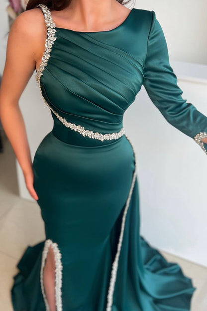 Unique Scoop Beads Long Sleeves Mermaid Formal Evening Dress with Slit QP1013