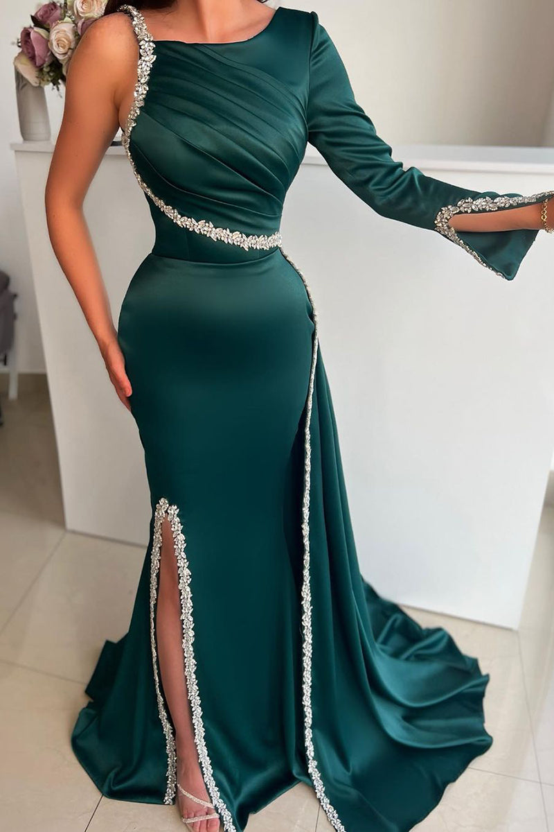 Unique Scoop Beads Long Sleeves Mermaid Formal Evening Dress with Slit QP1013