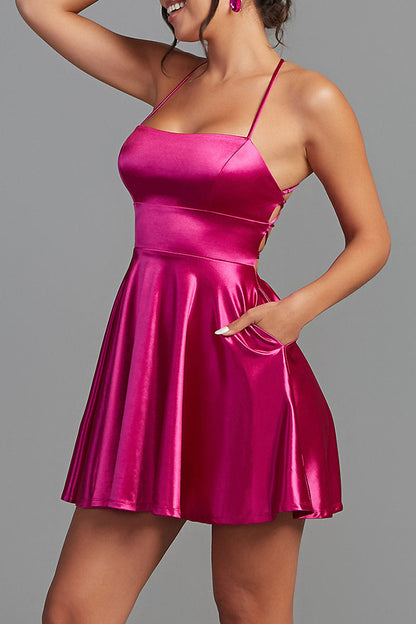 A Line Scoop Satin Simple Cheap Homecoming Dress with Pockets QH2403