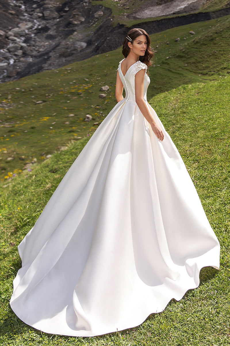 A Line Scoop Cap Sleeves Beads Satin Rustic Wedding Dress with Court Train QW2115