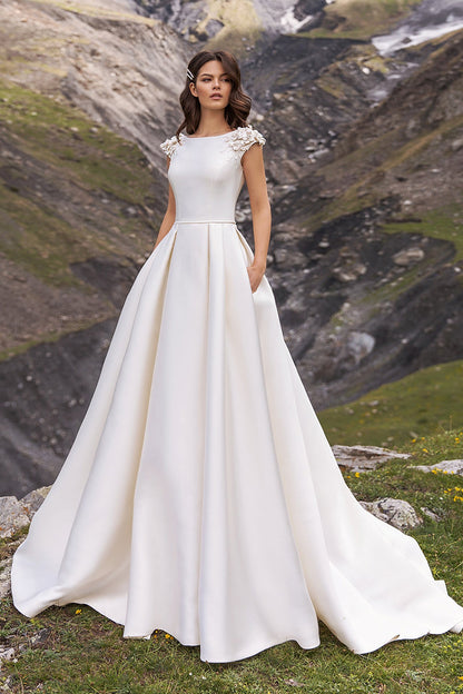 A Line Scoop Cap Sleeves Beads Satin Rustic Wedding Dress with Court Train QW2115