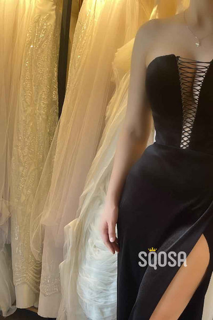 Attractive V neck Black Velvet Long Formal Party Dress with Slit QP2169