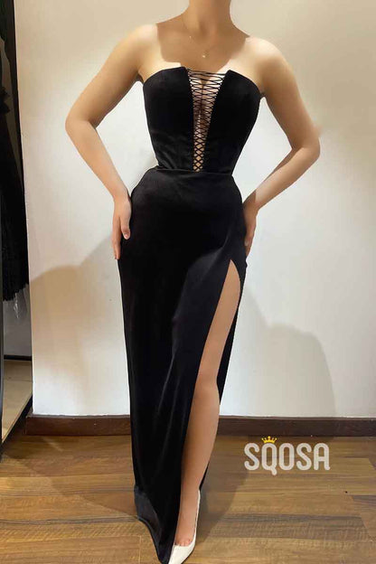 Attractive V neck Black Velvet Long Formal Party Dress with Slit QP2169