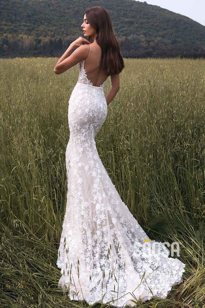 Sexy V neck Romantic Lace Wedding Dress Backless Mermaid Wedding Gown QW0954
