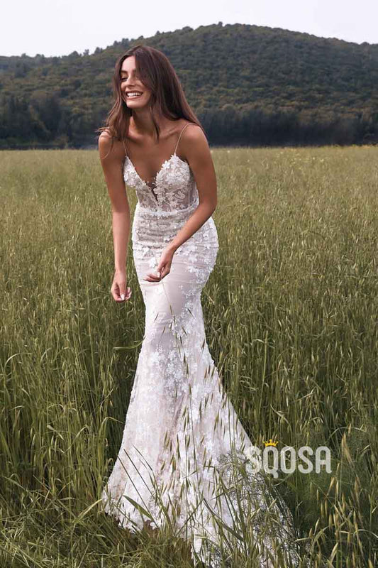 Sexy V neck Romantic Lace Wedding Dress Backless Mermaid Wedding Gown QW0954