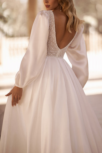 A Line Illusion V Neck Luxury Pearls Long Sleeves Rustic Wedding Dress QW0856
