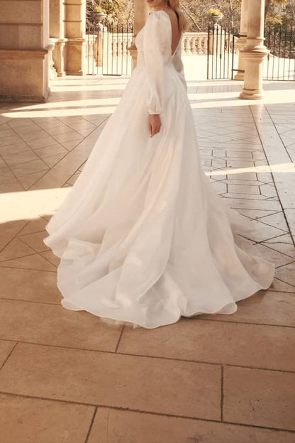 A Line Illusion V Neck Luxury Pearls Long Sleeves Rustic Wedding Dress QW0856