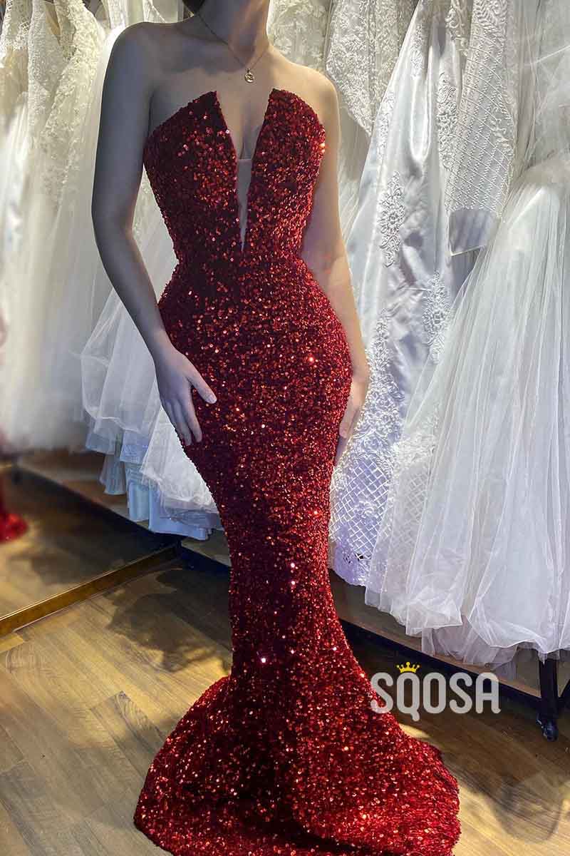 Sexy Deep V neck Sequins Burgundy Sparkly Prom Party Dress QP1432