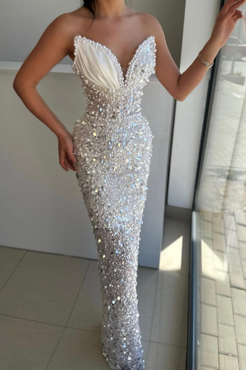 Luxury Crystal exy V Neck Sheath/Column Long Formal Evening Gowns QP2464