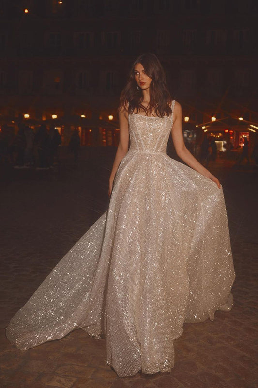 A Line Square Neckline Sparkly Boho Wedding Dress with Sweep Train QW2595