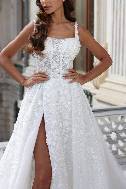 A Line Square Neckline Lace Appliques High Split Rustic Wedding Dress with Court Train QP1078