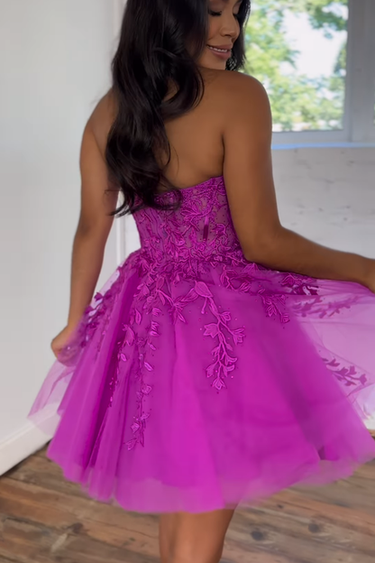 A line Strapless Lace Appliques Hot Pink Homecoming Dress Short Graduation Dress QS2247