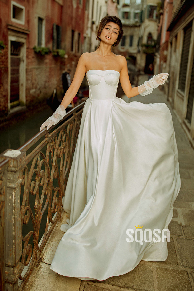 A Line Strapless Satin Elegant Simple Wedding Dress QW2402