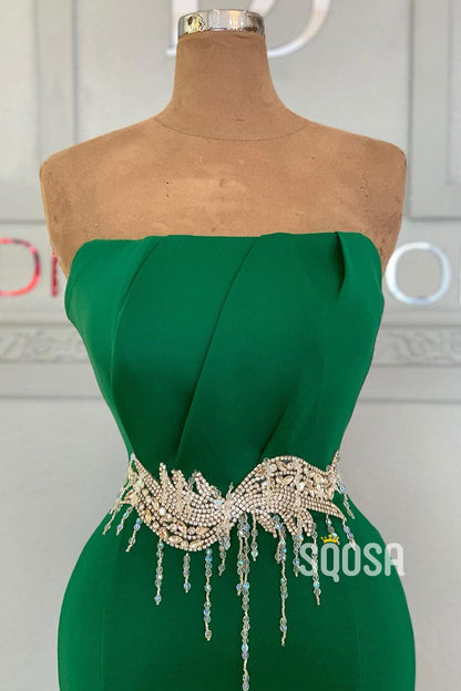 Chic Strapless Green Satin Pleats Mermaid Long Formal Evening Gowns QP1191