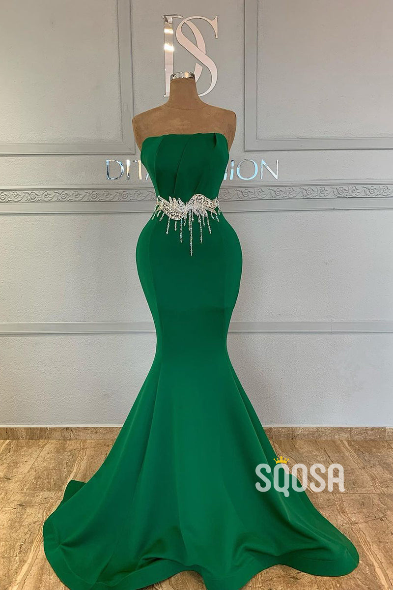 Chic Strapless Green Satin Pleats Mermaid Long Formal Evening Gowns QP1191