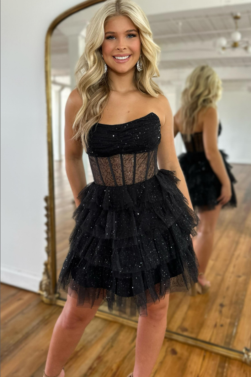 A line Strapless Tiered Black Short Homecoming Dress QH2474