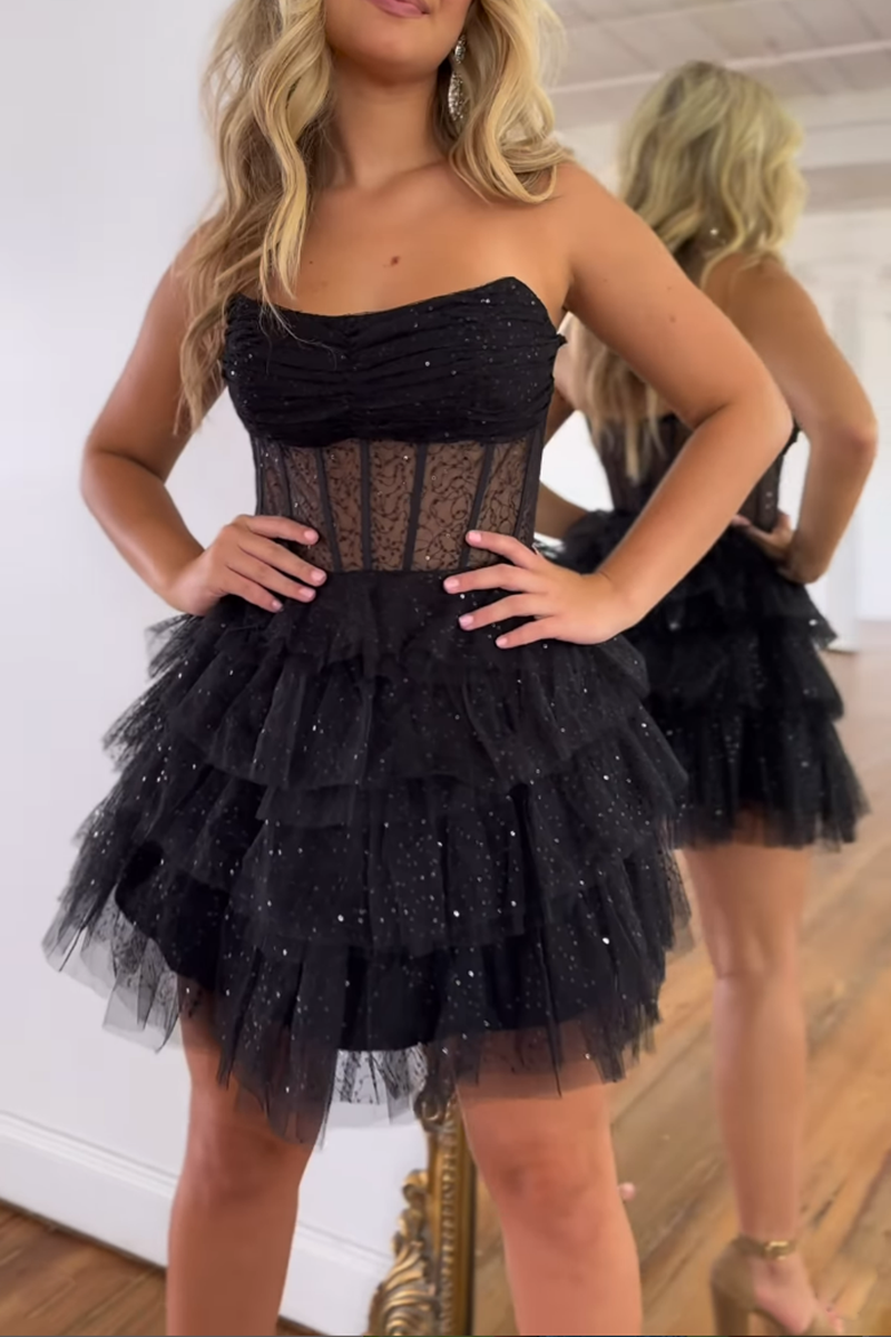 A line Strapless Tiered Black Short Homecoming Dress QH2474