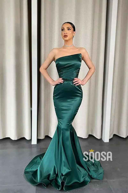 Strapless Satin Pleats Green Mermaid Formal Party Dress QP2241