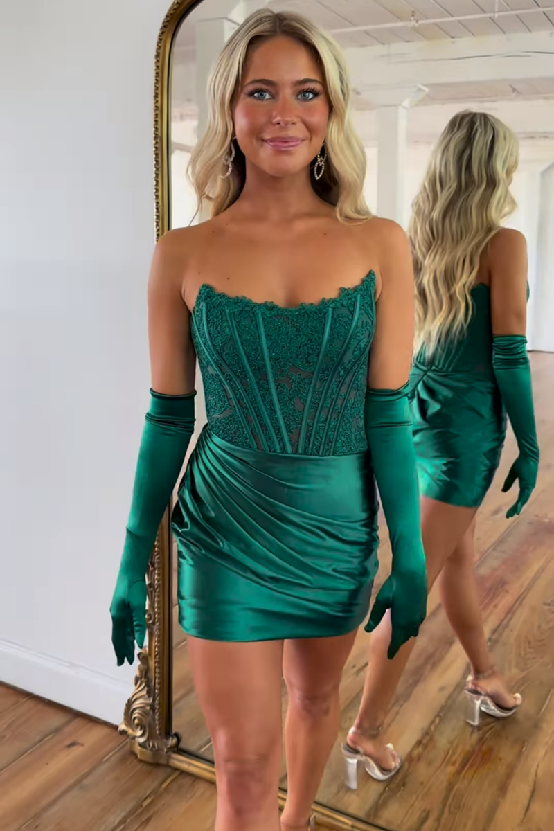 Sheath/Column Strapless Lace Appliques Green Short Homecoming Dress QH0833