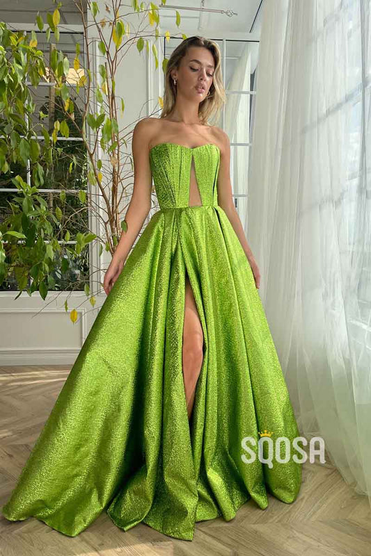 A Line Strapless High Split Long Prom Party Dress with Pockets QP2345