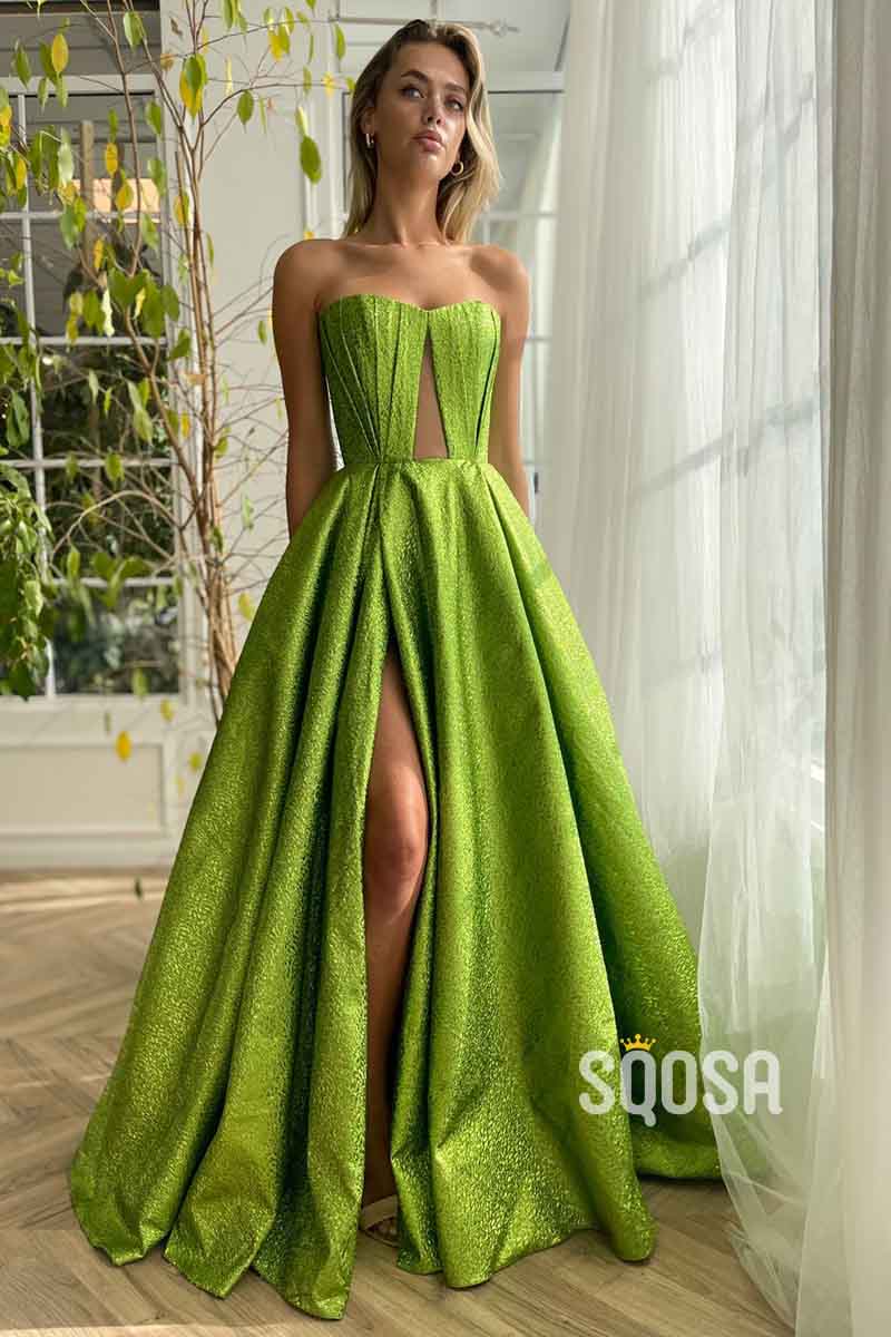 A Line Strapless High Split Long Prom Party Dress with Pockets QP2345