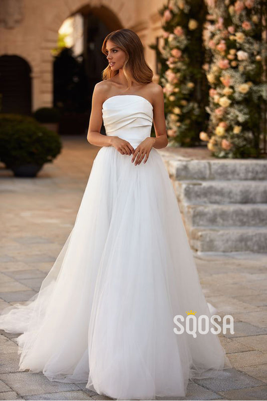 A Line Strapless Elegant Wedding Dress with Court Train QW2351