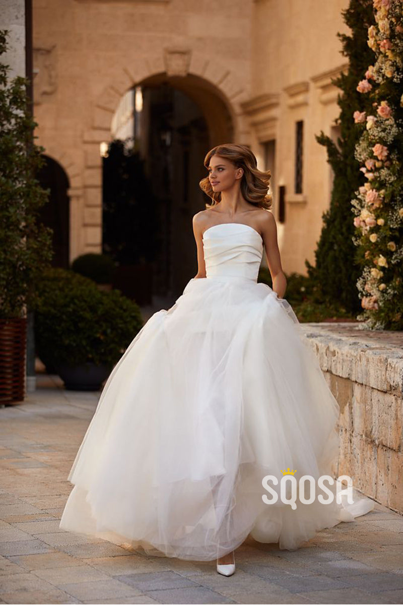 A Line Strapless Elegant Wedding Dress with Court Train QW2351