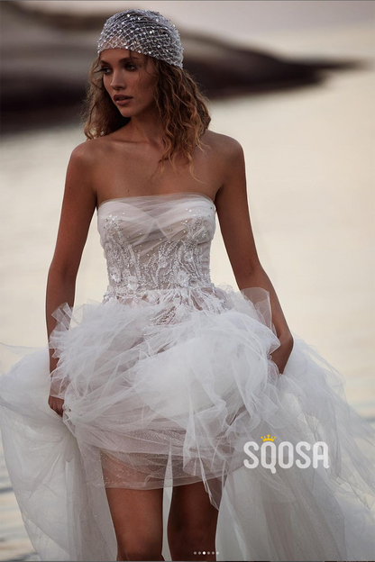 A Line Strapless Lace Appliques Tulle Ruffles Boho Wedding Dress QW2459