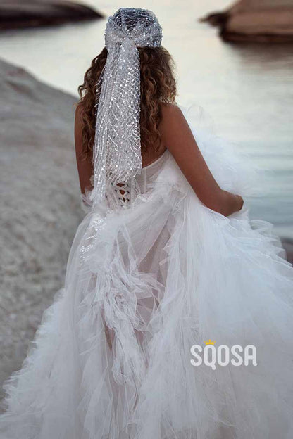 A Line Strapless Lace Appliques Tulle Ruffles Boho Wedding Dress QW2459