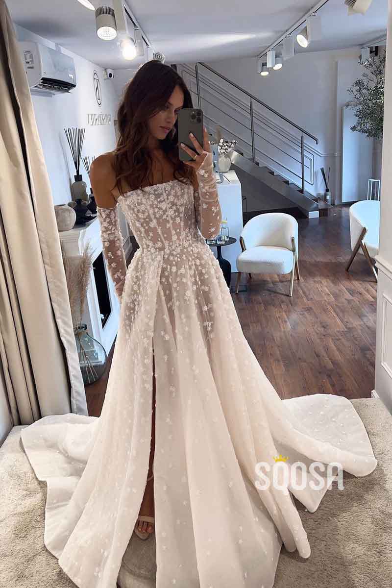 A Line Strapless Long Sleeves Lace Romatic Wedding Dress with Slit QW2516