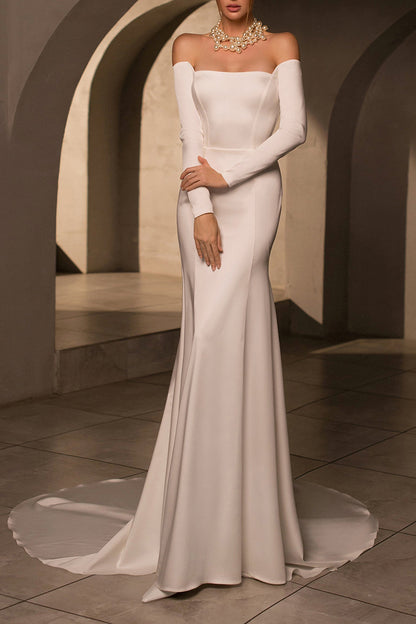 Trendy Strapless Long Sleeves Simple Satin Mermaid Wedding Dress QW0935