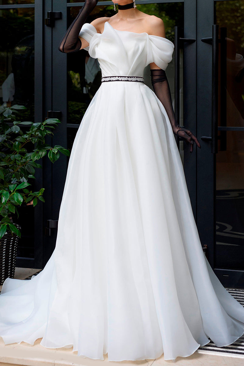 A Line Strapless Organza Ivory Rustic Wedding Dress with Court Train QW0883