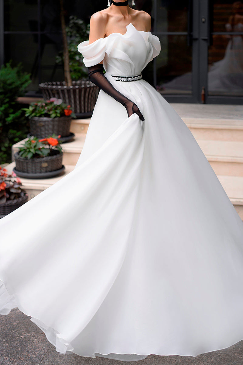 A Line Strapless Organza Ivory Rustic Wedding Dress with Court Train QW0883
