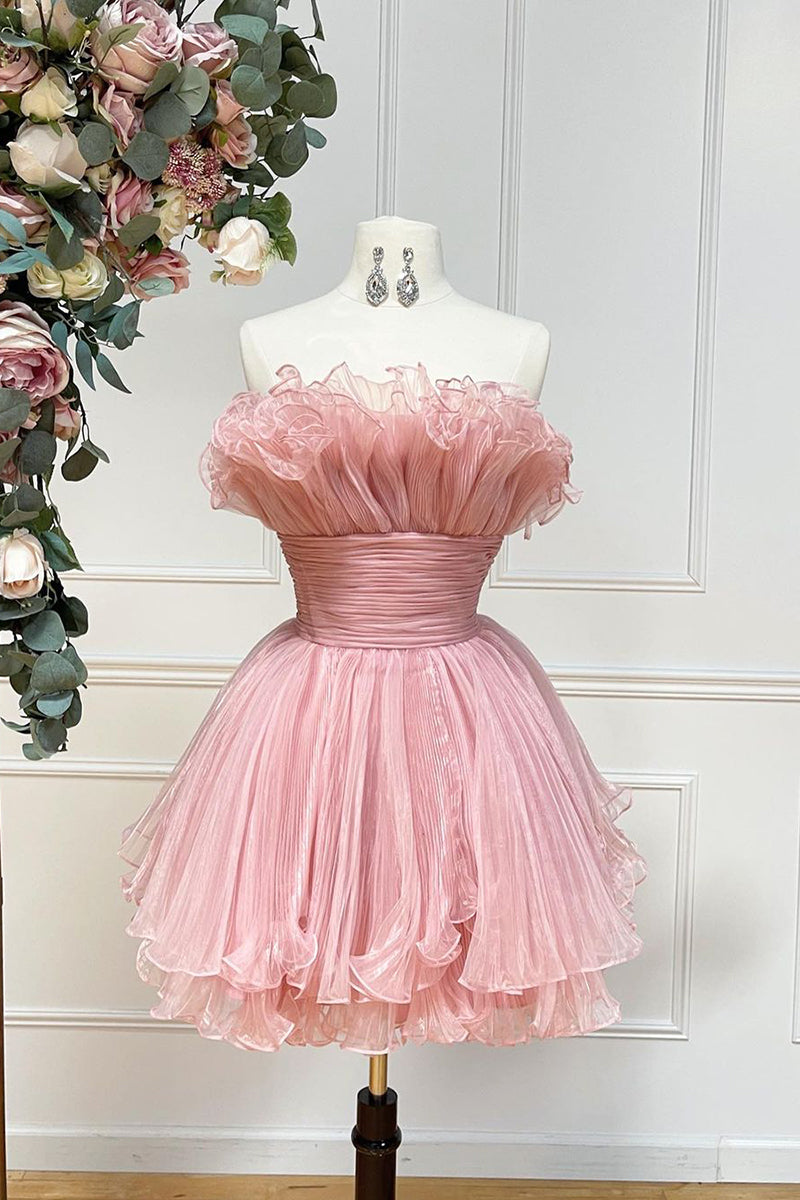 A Line Strapless Tulle Ruffles Pink Short Homecoming Dress QH2518