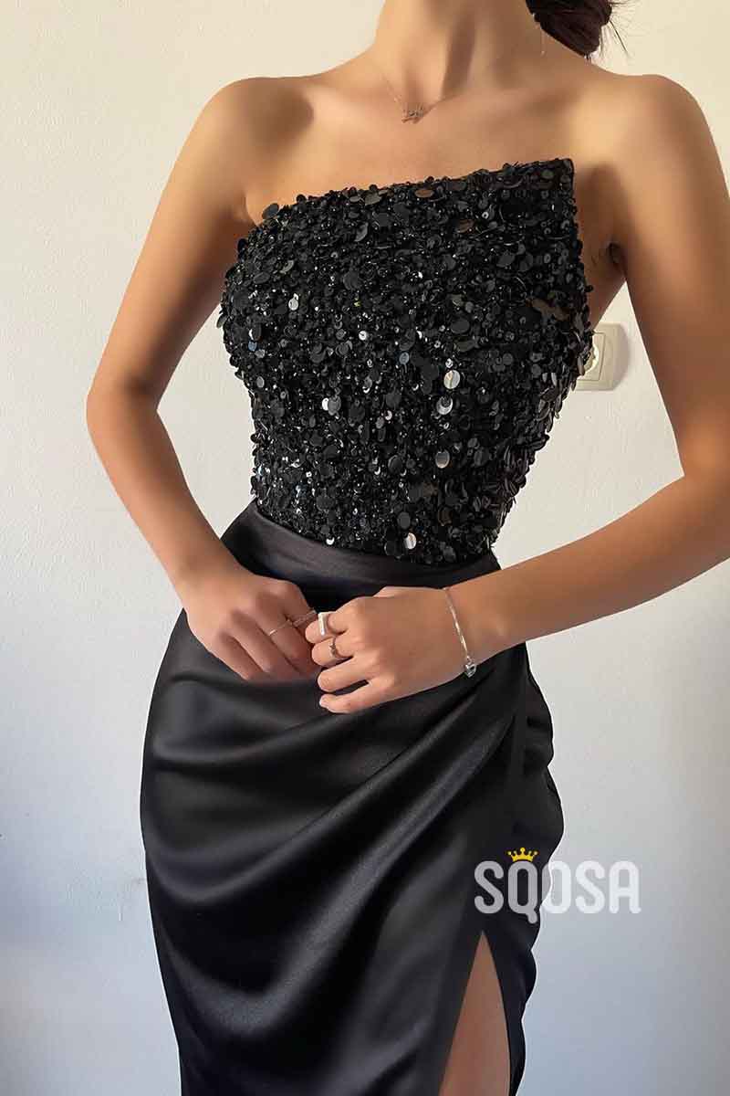 Strapless Sequins Top Black Long Prom Party Dress with Slit QP1351