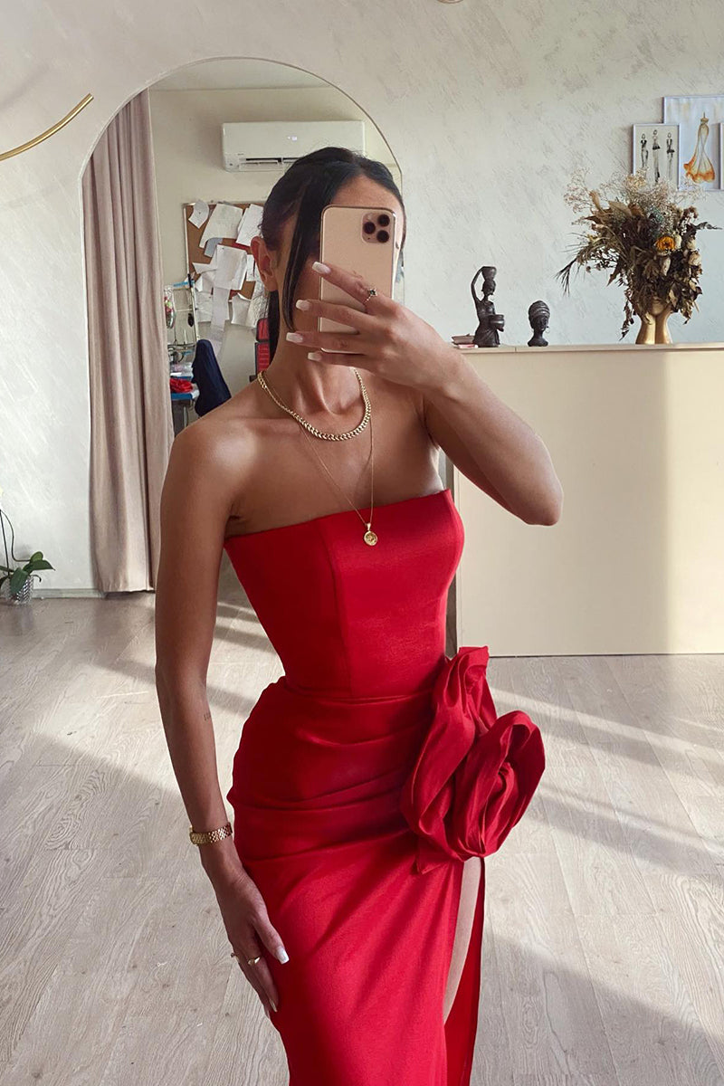 Sheath/Column Strapless Flowers Red Long Prom Formal Dress with Slit QP1150
